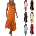 thumbnail image 6 of Tumotour Summer Tank Dress for Women Maxi Dress Women's Sexy Fashion Slim V-neck Ruffled Slit Dress, 6 of 7