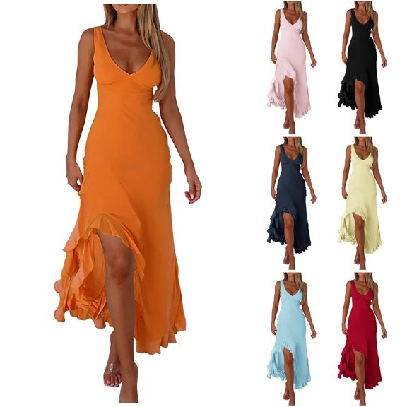 YHAJDS Women Bodycon Dress Spaghetti Strap V Neck Ruffle Slit Long Evening Gown