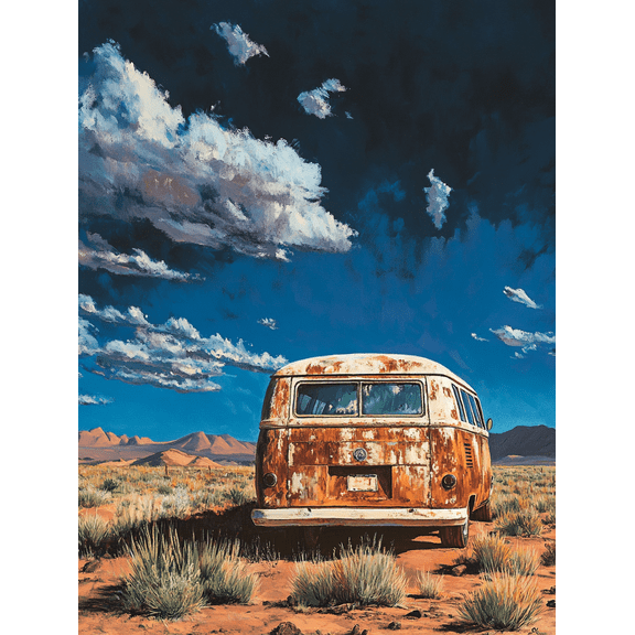 Rusty VW Bus Desert Landscape Canvas Art Print, Suitable for Living Room, Bedroom, Office, Dorm Room, and Studio Decoration.
