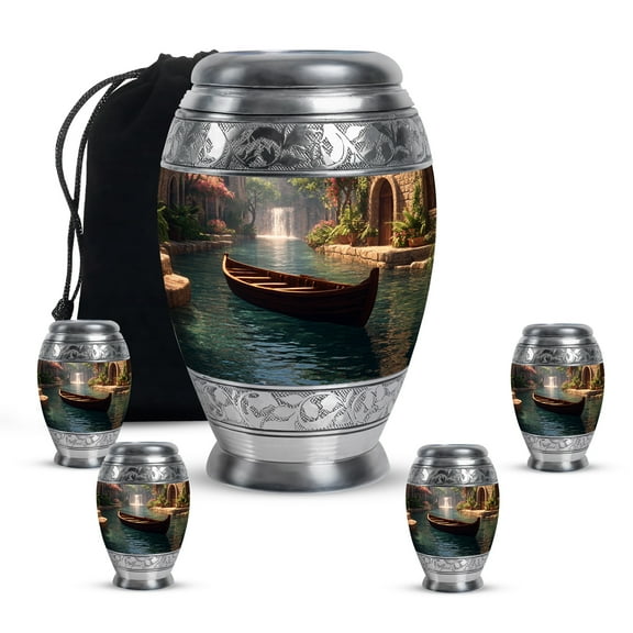 MUKTIVE Boat Urn for Ashes Father Cremation, Large 10 Inch Decorative Urns for Ashes Women, Brown Urns for Burial, Memorial Urn for Adult Male Funeral, (1 Large, 4 Keepsake)