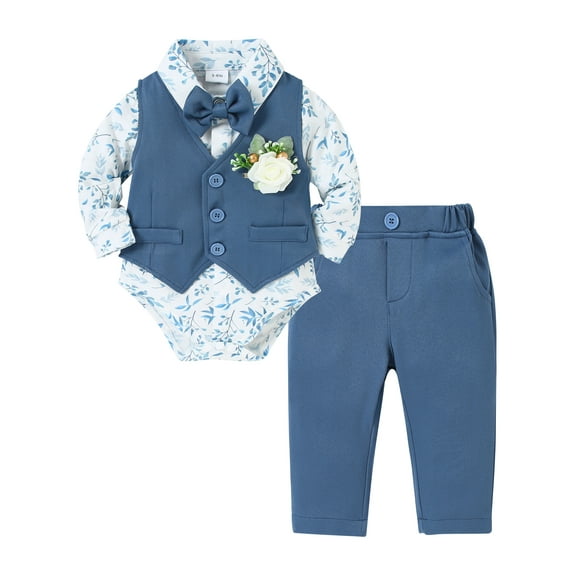 CARETOO Newborn Boy Dress Outfit Baby Boy Suit Dress Clothes 5Pcs Set Infant Dress Shirt Vest Bowtie Corsage Pants Baby Boy church outfit 0-24 Months