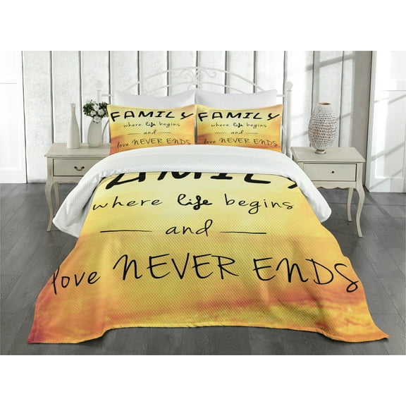 Ambesonne Yellow Quilted Bedspread Set 3 Pcs, Message Family, Queen Size, Yellow Marigold Black