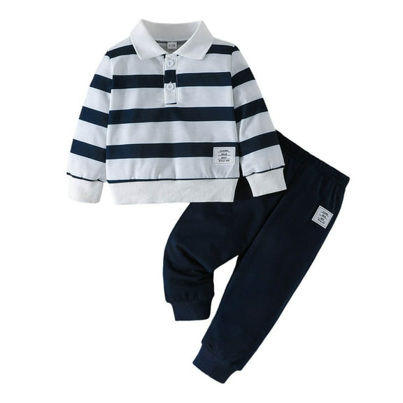 Wuxian Boys Kids Sweatshirt Outfits Sets Casual Striped Polo Shirt Pullover Lapel Long Sleeve Top With Wide Leg Pants Comfortable Toddler Outdoor Clothes Sets Dailywear,Black,12-18 Months