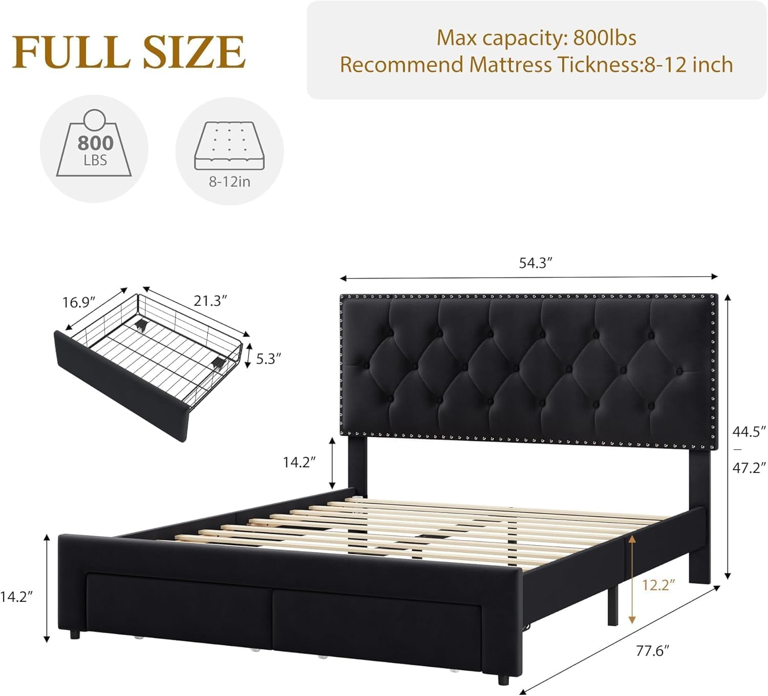Kicctian Full Bed Frame with 2 Storage Drawers, Vintage Velvet Upholstered Platform Bed with Headboard,Black