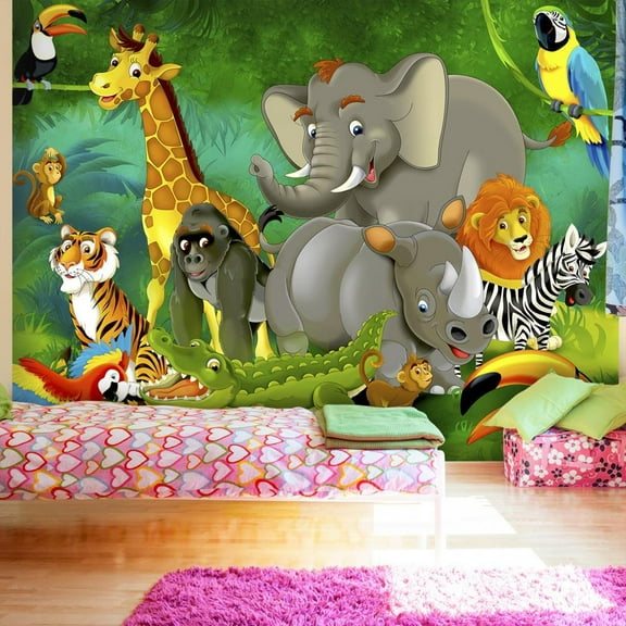Tiptophomedecor Peel and Stick Cartoon Wallpaper Wall Mural - Colourful Safari - Removable Wall Decals