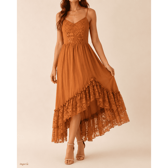 Women's Boho Lace Ruffle Maxi Dress Rust Orange Spaghetti Strap High-Low Dress for Festival & Country Style Casual Long Dresses