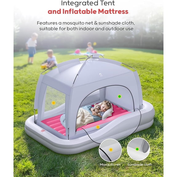Inflatable Toddler Travel Bed with Tent, Portable Kids Air Mattress with Safety Sides