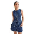 thumbnail image 2 of LYMAYTER Women's Denim Set‌ Chic Sleeveless Jean Blazer High Waist Shorts Two Piece Summer Office Wear S-XL, 2 of 7