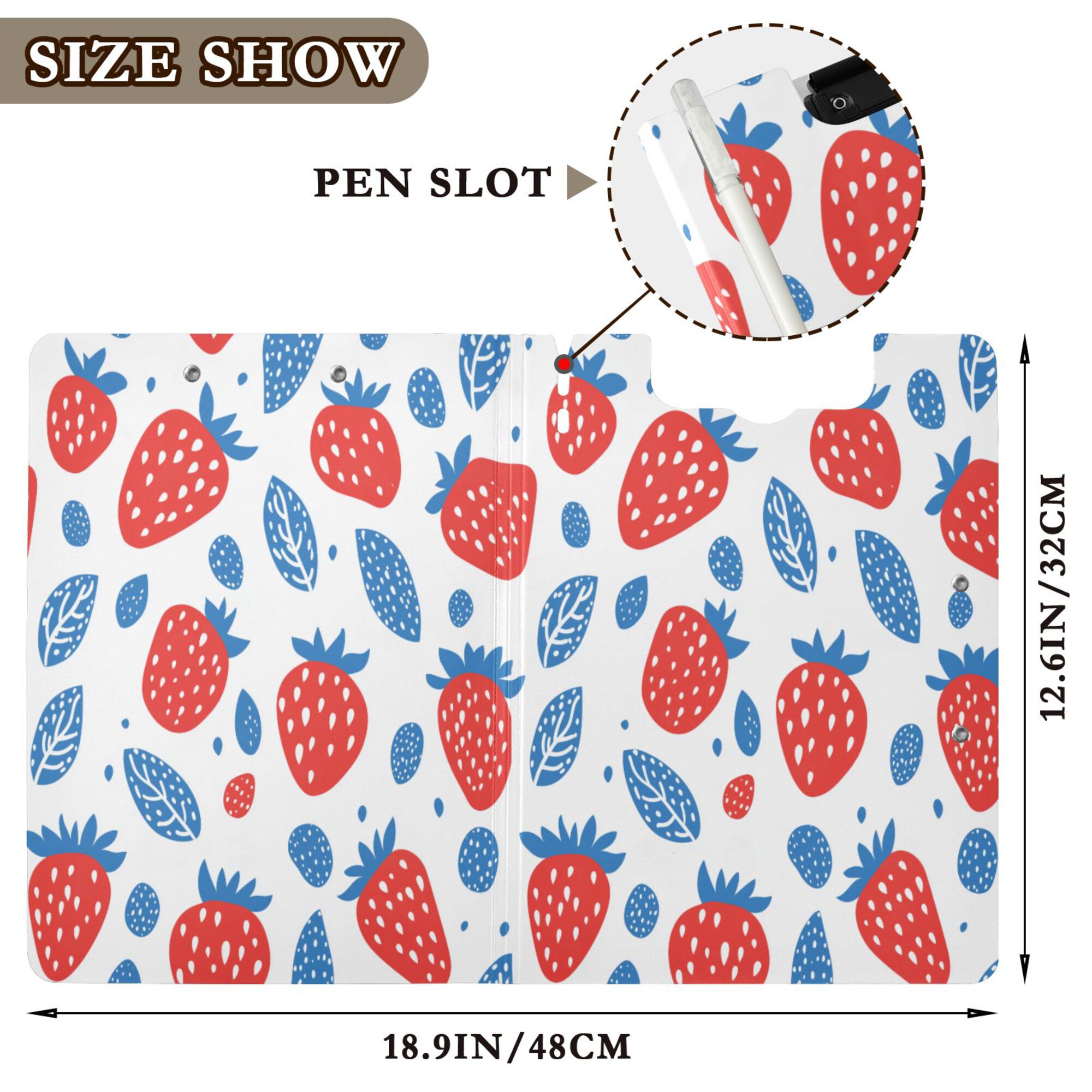 FORMRS A4 Clipboard Folder with Pen Holder Horizontal Foldable School Office Binder, Playful Strawberries