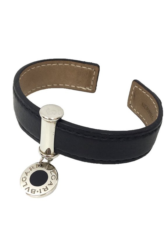 Pre-Owned BVLGARI Cuff Bracelet Bangle Leather 23515 Black Silver Preserved