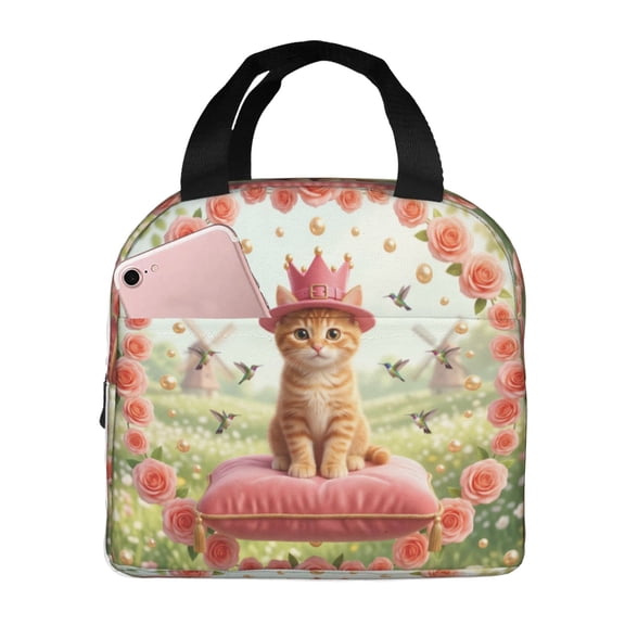 Cat Insulated Lunch Bag Reusable Lunch Box For Women Men Aesthetic Kitten Floral Leakproof Thermal Meal Prep Tote With Front Pocket For Work Office