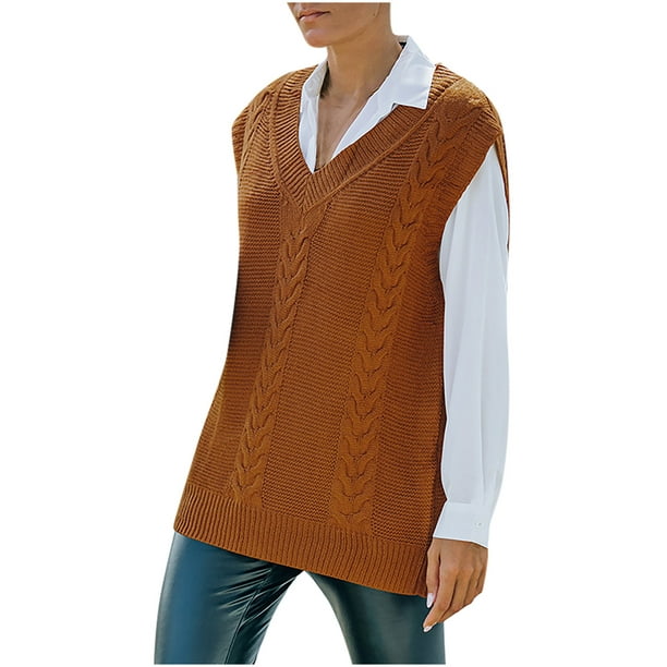 Women's Sweater Vests,Women'S V Neck Gilets Knitted Vest Brown