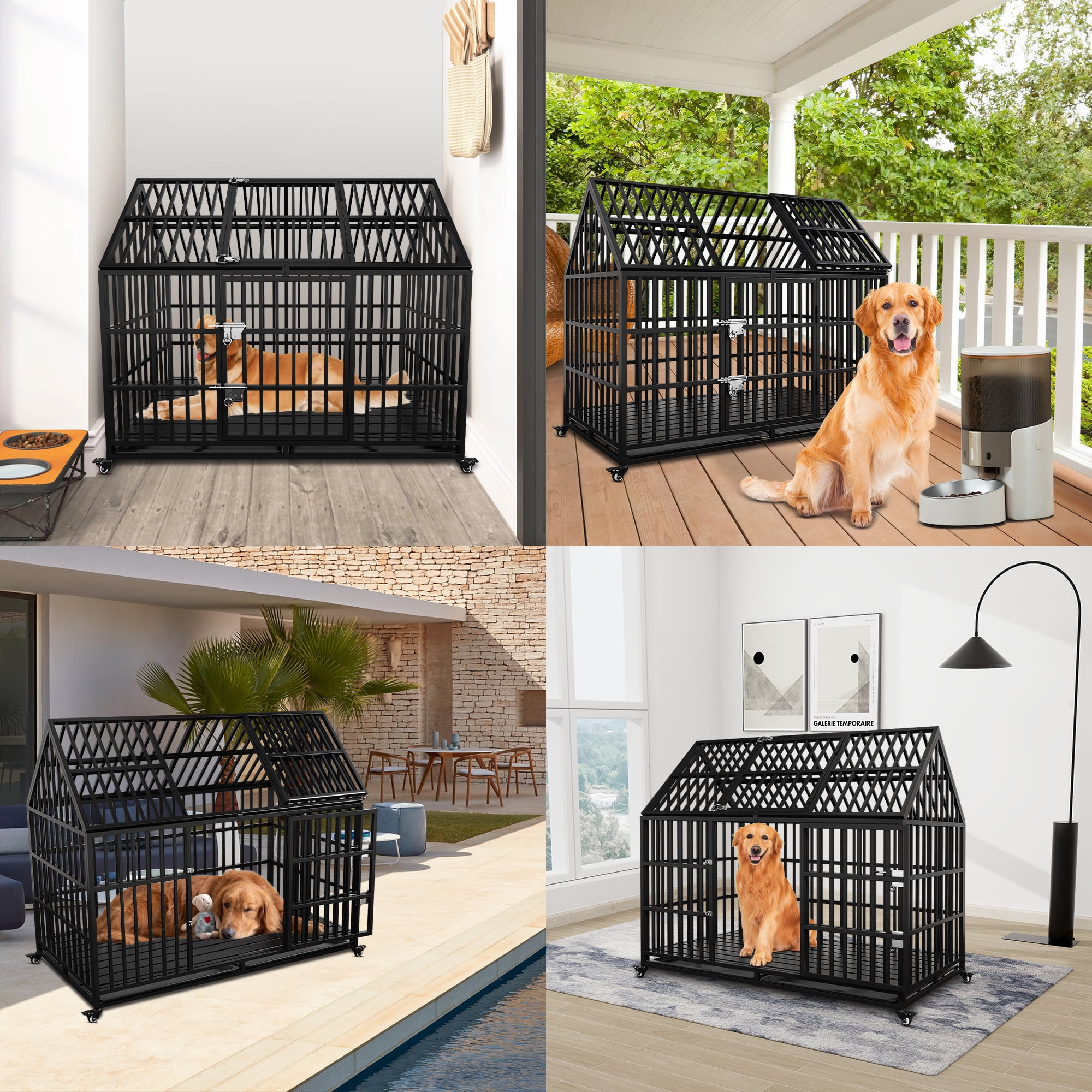 Heavy Duty Dog Crate 54 inch with Mat Indestructible Pet Dog Cage Crate Kennel with Roof Top 2 Doors Removable Trays, Lockable Wheels Escape-Proof for High Anxiety Large /Extra Large Dogs