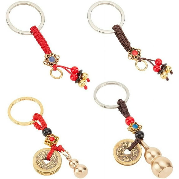 4 Styles Chinese Lucky Keychain Pendants Metal Gourd Keychains Calabash Hanging Decorations Wu Lou Keychains Chinese Knot Key Ring Charms for Bag Wallet Car Key Home Decor Colorful