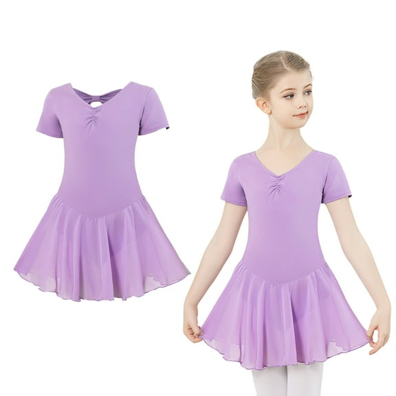 Ballet Leotard Girls Classic Short Sleeve Purple Ballet Leotard for Girls with Skirt Kids Ballet Outfit Ballet Leotards for Girls 5-6 Years