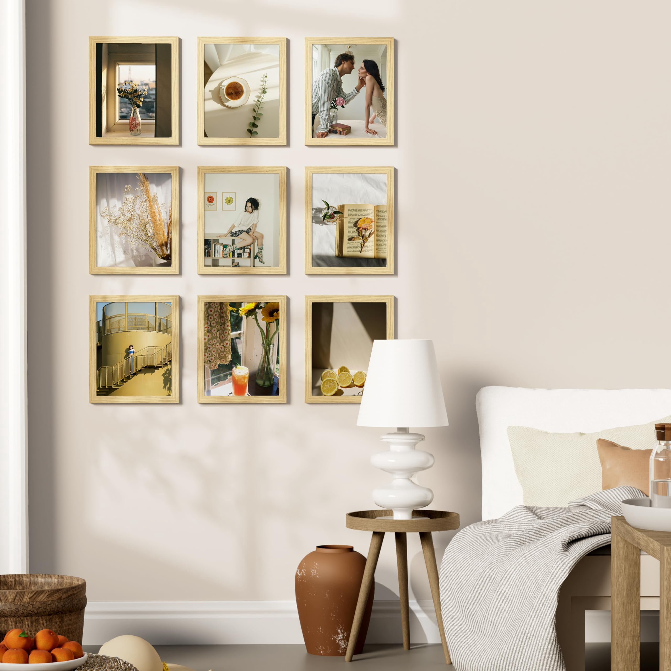 decorUhome 8x10 Natural Picture Frame Set of 9, Display 5x7 Pictures with Mat or 8x10 without Mat, Photo Frames for Wall or Tabletop