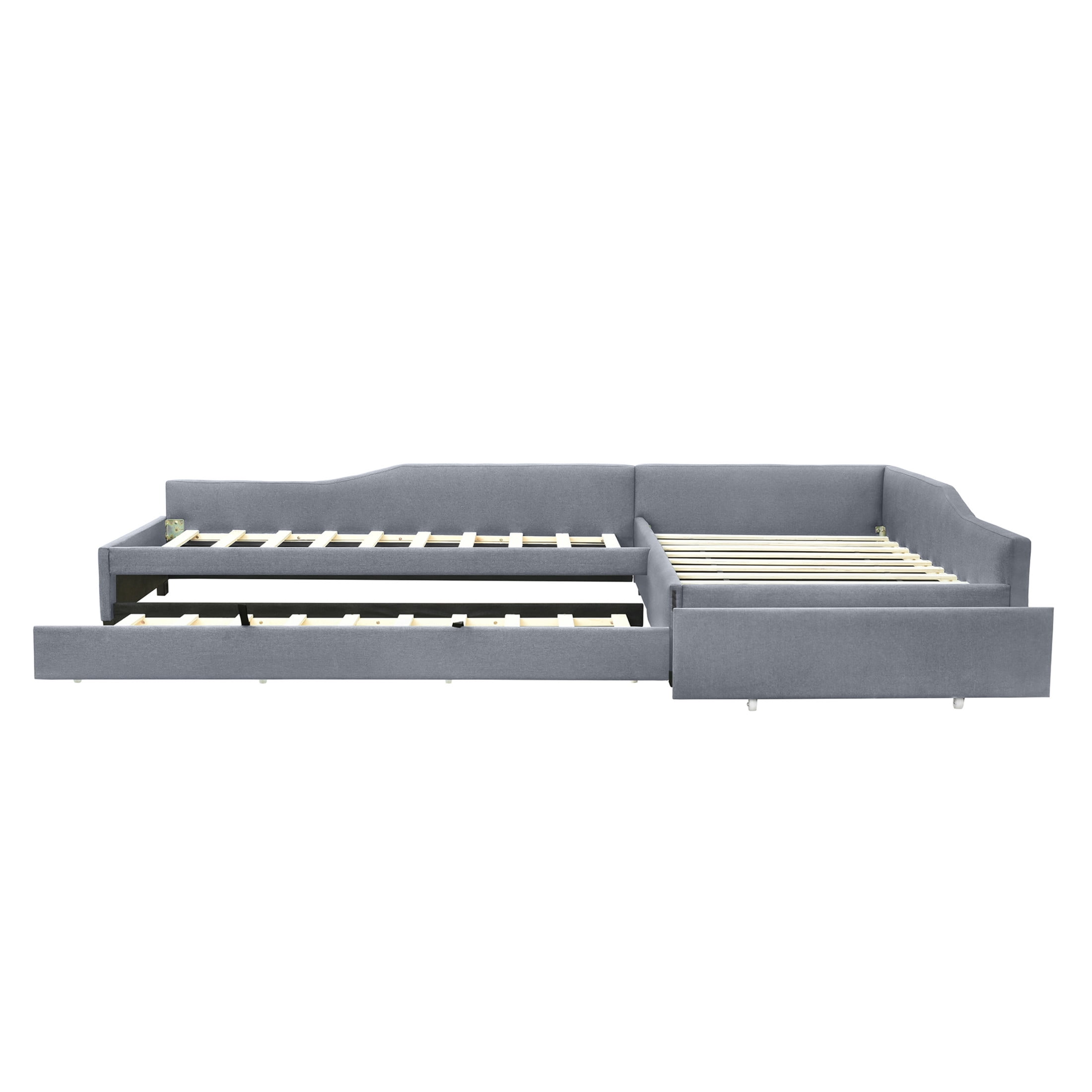 Noble House Orielle Linen Upholstered Double Twin Daybed with Extra Trundle and Storage Drawer, Plywood Frame, Gray