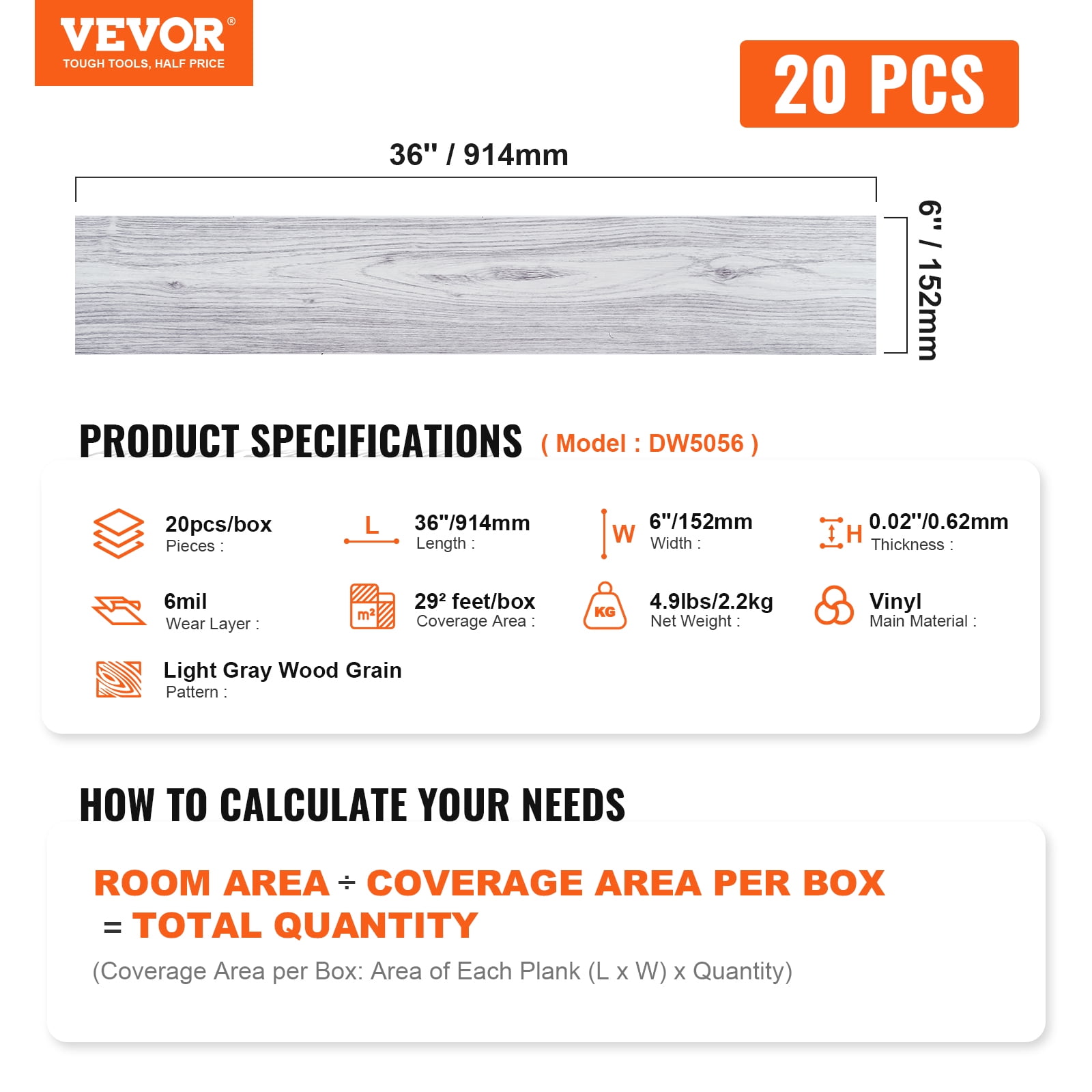 VEVOR Self Adhesive Vinyl Floor Tiles 36 x 6 inch, 20 Tiles 0.62mm Thick Peel & Stick, Light Gray Wood Grain DIY Flooring for Kitchen, Dining Room, Bedrooms & Bathrooms, Easy for Home Decor
