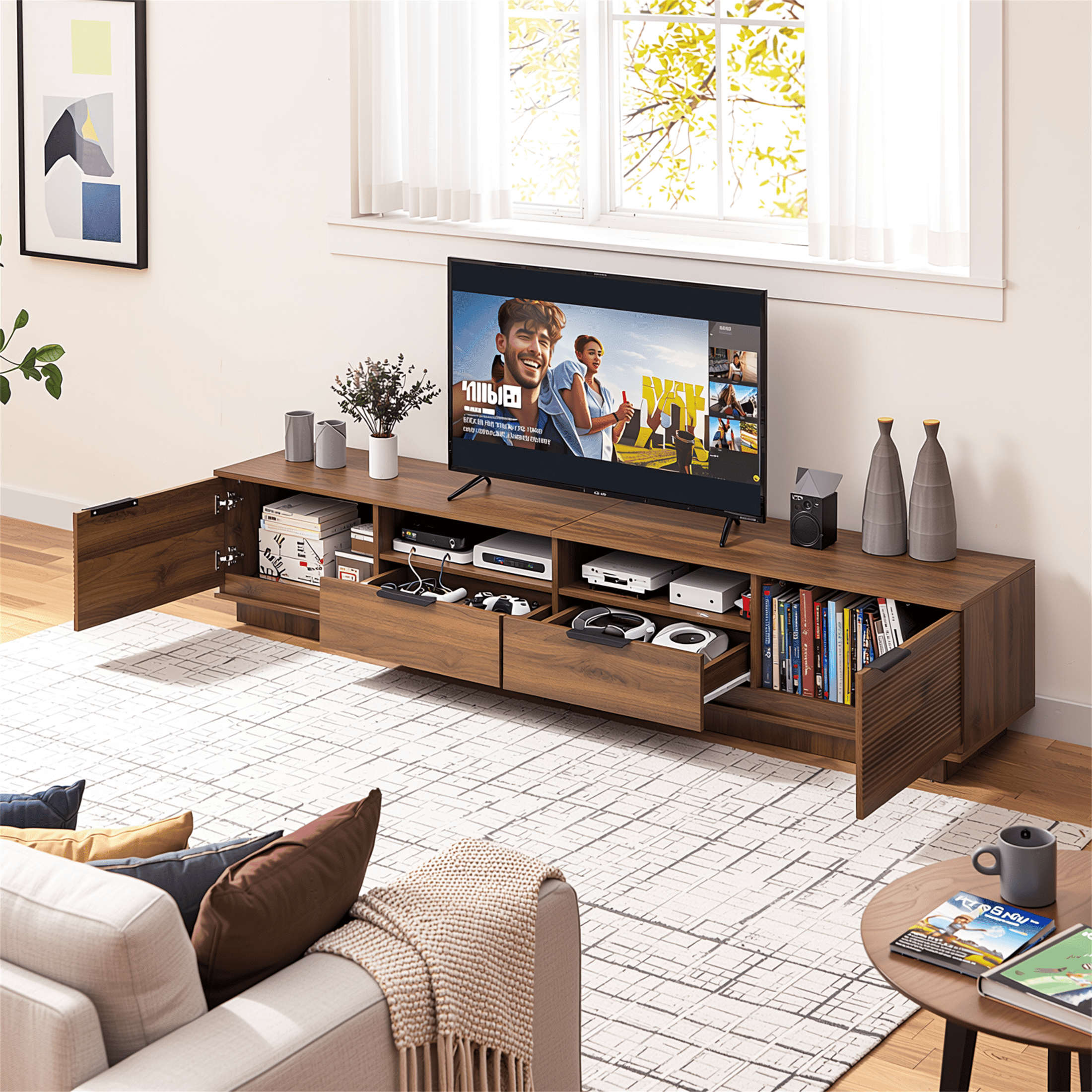 Homy Casa 78.7" Rustic Brown TV Stand for 85" TVs with Fluted Doors, 2 Drawers and Open Shelves