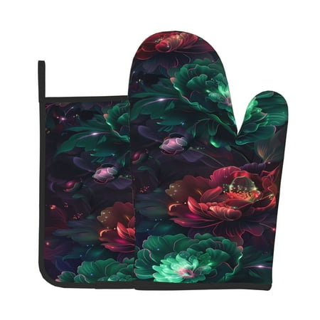 

Lukts Red And Green Carnation Print Kitchen Heat-Resistant Gloves and Spacers 2pcs Set Suitable for Baking and Cooking
