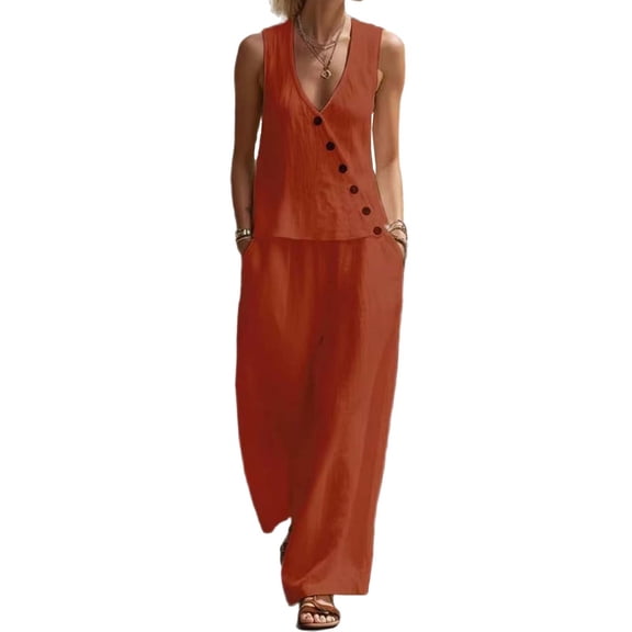 Besolor Womens Summer Outfits 2 Piece Set V Neck Sleeveless Button Tank Tops Wide Leg Pants with Pocket Beach Dresses Vacation Sets(X-Large,Red)