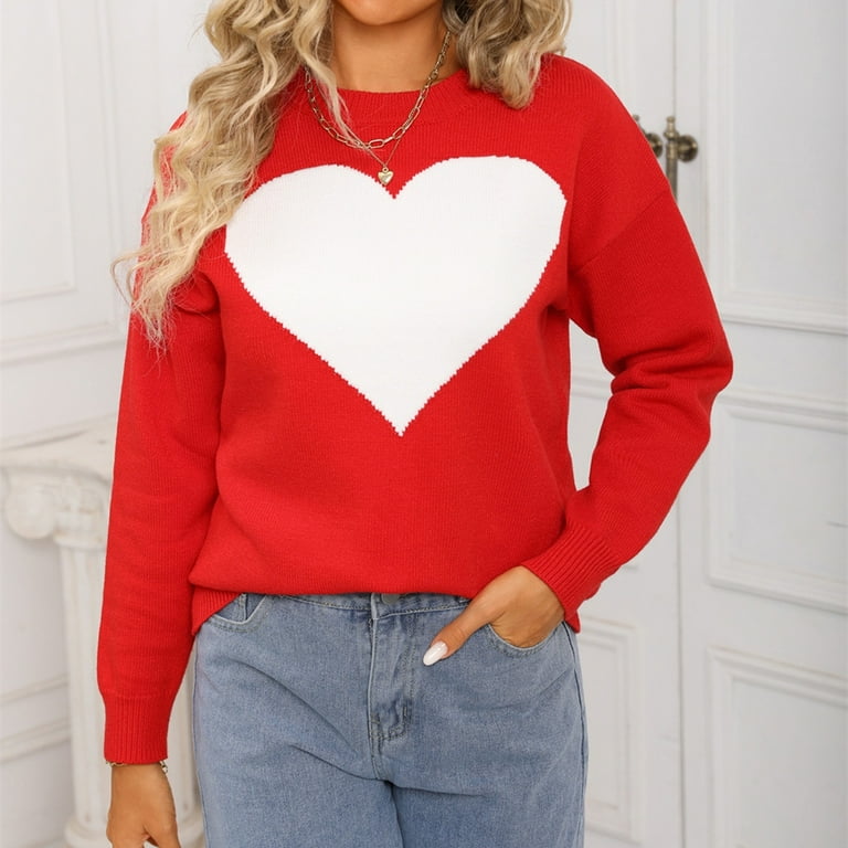 Women's Heart Print Sweater - Cute Valentine Knit Pullover Long Sleeve