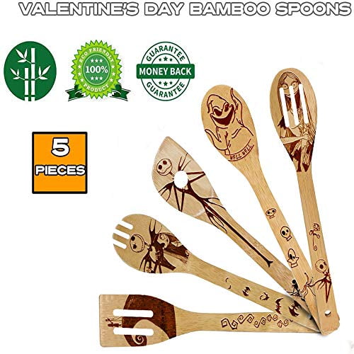 Burned Wooden Spoons Sets Nightmare Bamboo Cooking Utensils Wooden Spatulas Kitchen Tools Embossing and Engraved Pattern Great Housewarming Kitchen Gift