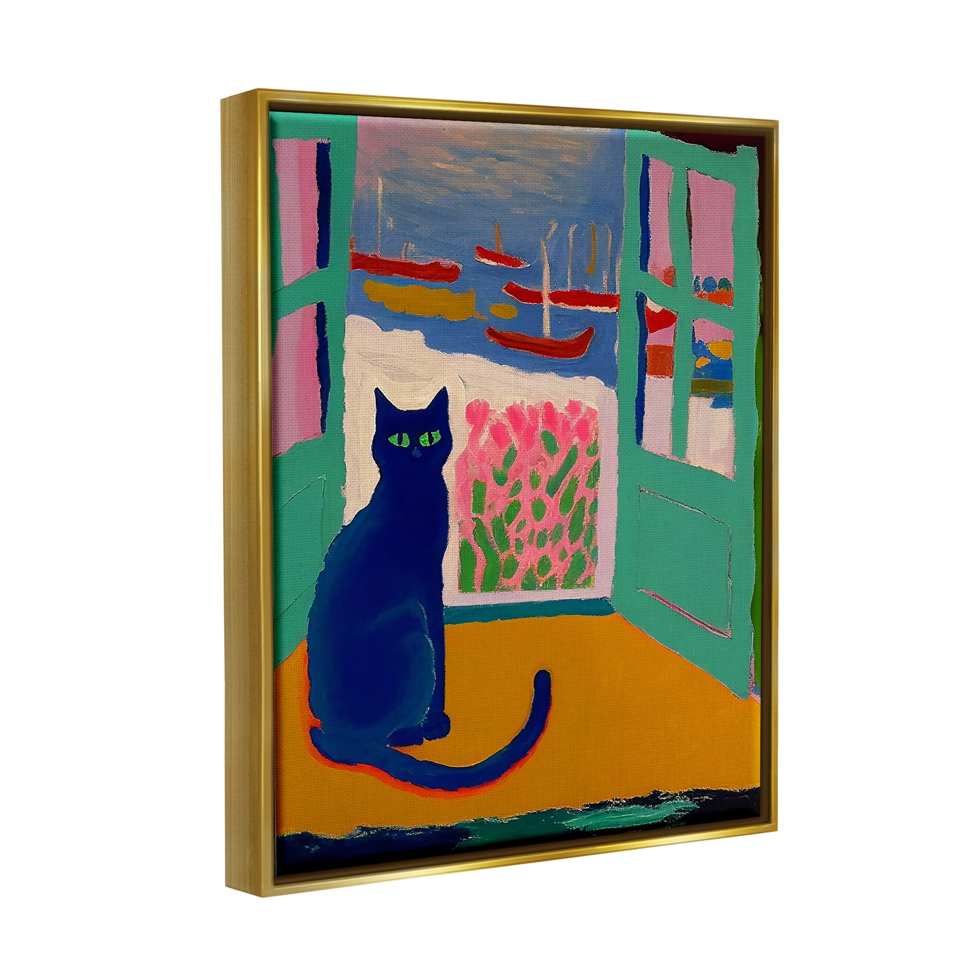 Stupell Industries Black Cat in Doorway Animals & Insects Painting Gold Floater Framed Canvas Art Print Wall Art, 17 x 21