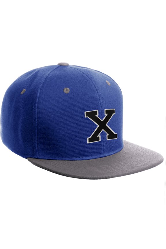 Classic Snapback Hat Custom A to Z Initial Letters, Royal Grey Cap Whte Black Letter Initial X