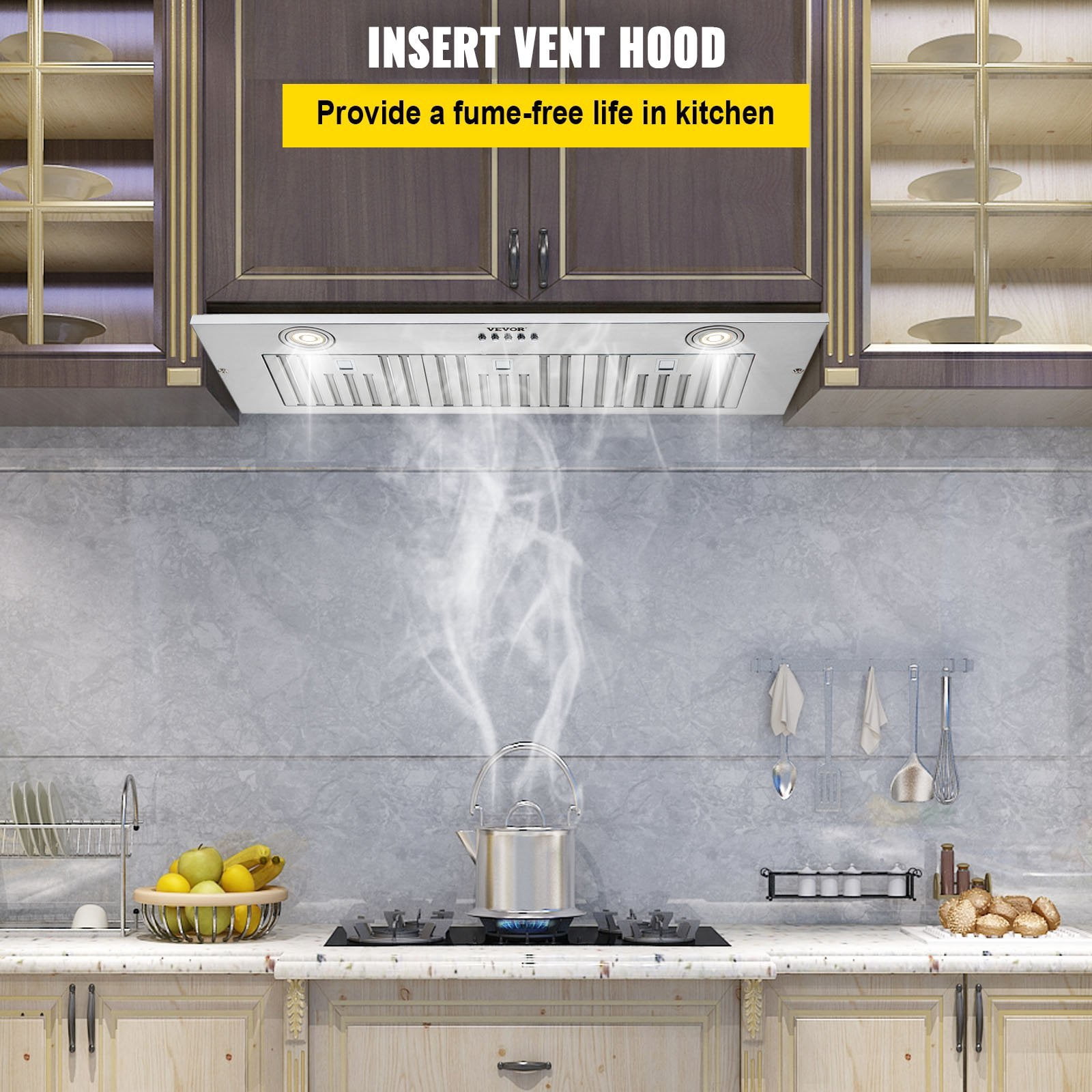 800CFM 36-Inch Built-In Range Hood - 3-Speed Push Button, Stainless Steel, LED Light, Baffle Filters, Convertible Vent, ETL Listed