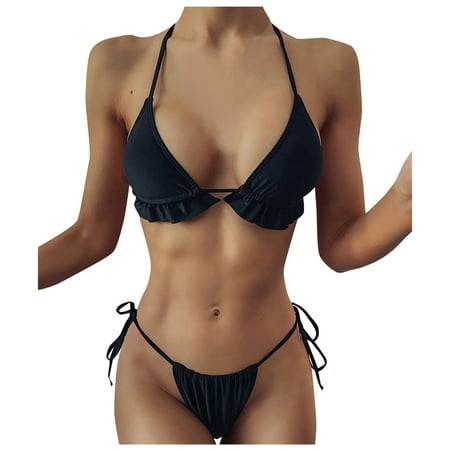 Reheyre 2-Piece Adjustable Straps Ring Linked Backless Bikini Set,Micro  Triangle Bra and Low Rise Briefs for Beachwear and Swimwear 