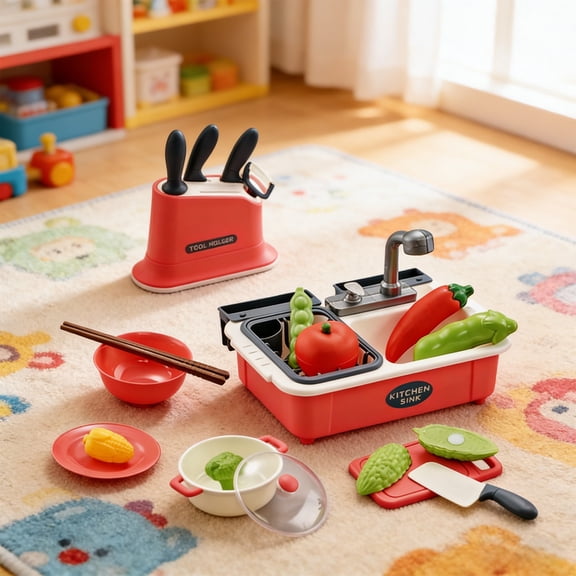 Realistic Kids Pretend Play Kitchen Sink Toy with Running Water Faucet, Pots Pans, Play Food Veggies, Knife Holder, Cutting Board & Utensils, Educational Gift for Toddlers Boys Girls 3