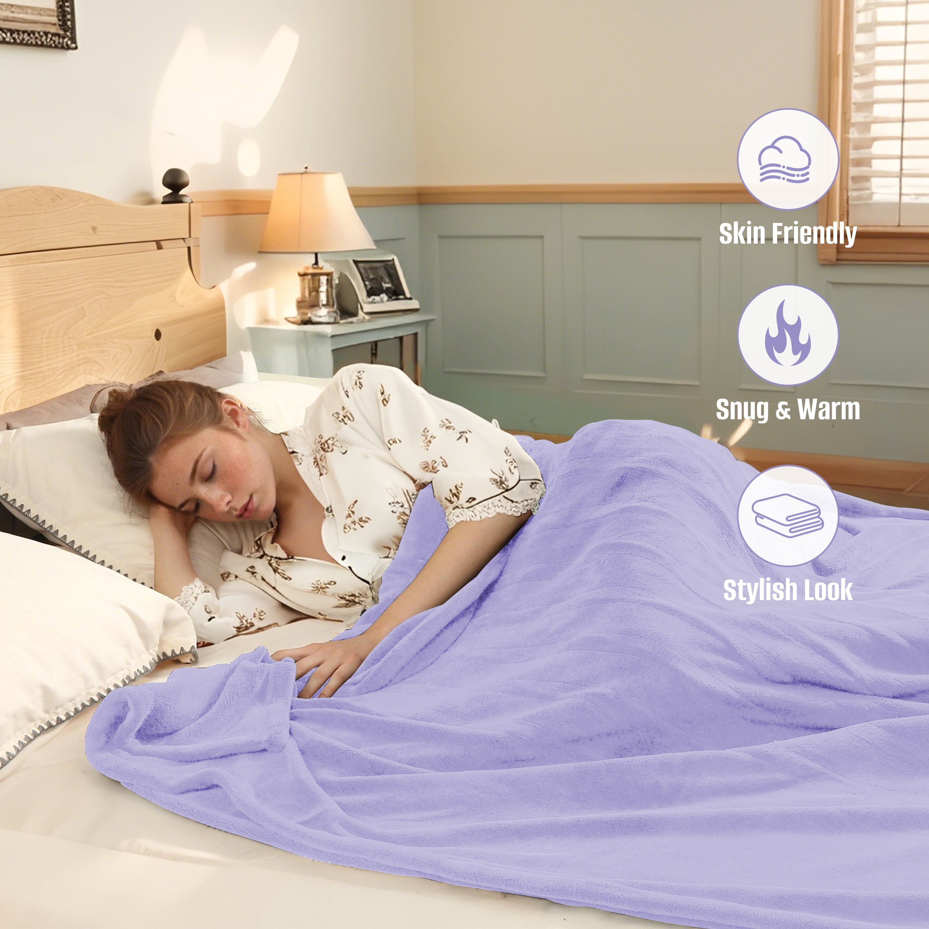 YAKEE Electric Heated Blanket 90"x100" King Size with Dual Control, 4 Heat Levels, 10-Hour Auto-off, Soft Coral Fleece, Overheat Protection, Light Purple