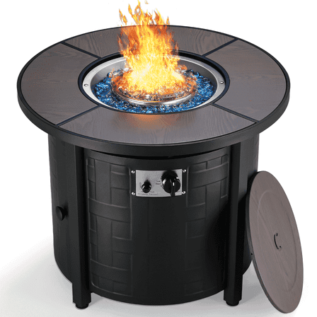 TLGREEN 30" Propane Fire Pit Table with Lid and Blue Stone, 50,000 BTU Auto-Ignition Circular Gas Fire Pit for Outdoor