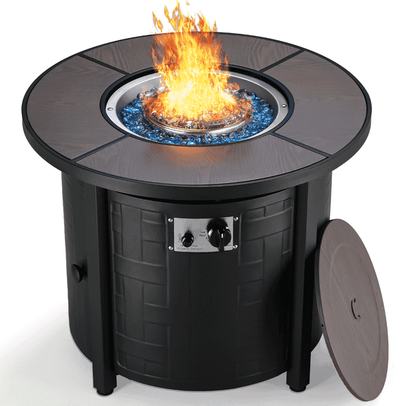 TLGREEN 30" Propane Fire Pit Table with Lid and Blue Stone, 50,000 BTU Auto-Ignition Circular Gas Fire Pit for Outdoor