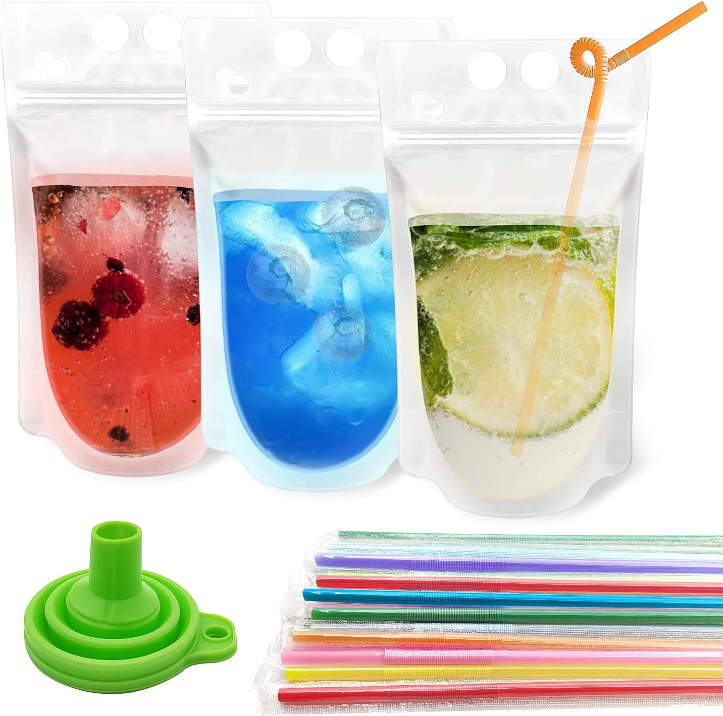 100PCS Reusable Drink Pouches with individually Wrapped Straws,Clear