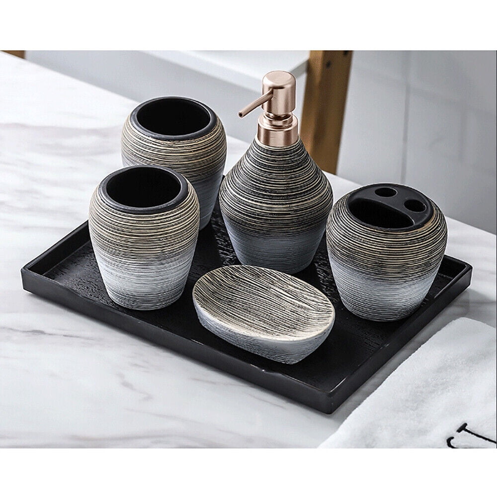 5 PCS Ceramic Bathroom Accessory Set, Retro, Lotion Soap Dispenser Toothbrush Holder Set for Bathroom