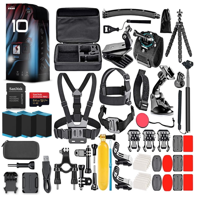 GoPro HERO10 (HERO 10) - Action Camera + 64GB Card, 50 Piece Accessory Kit and 2 Batteries