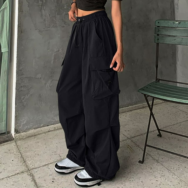 AherBiu Cargo Pants for Women High Waisted Drawstring Adjustable Wide Leg Joggers with Multi Pockets Solid Color Casual Sweatpants