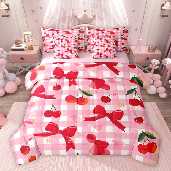 Feelyou Kawaii Red Bowknot Twin Bedding Sets 7-Piece for Teens, Cartoon Fruit Cherry Bedding Comforter Set, Pink Check Buffalo Reversible Sheet Sets, Luxury Bedroom Decor