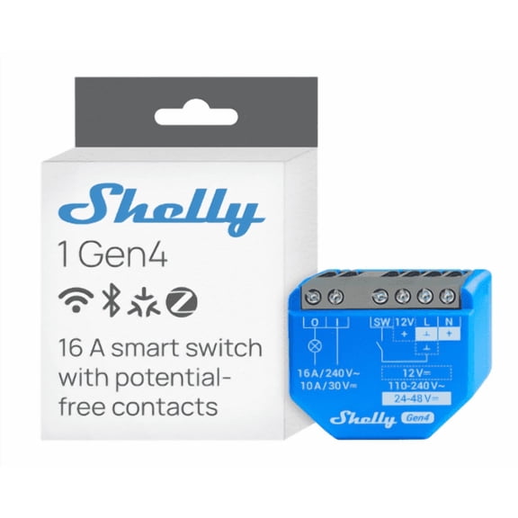 Shelly 1 Gen4 Wi-Fi, Zigbee & Matter Smart Relay Switch with Dry Contacts, 1-Channel 16A , Home Automation Alexa, SmartThings, Google Home, Garage Door Opener