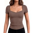 thumbnail image 4 of TEAJOPSUU Womens Summer Tops Sweetheart Neck Short Sleeve Activewear T Shirts Form Fitting Shapewear Tees Khaki, 4 of 7