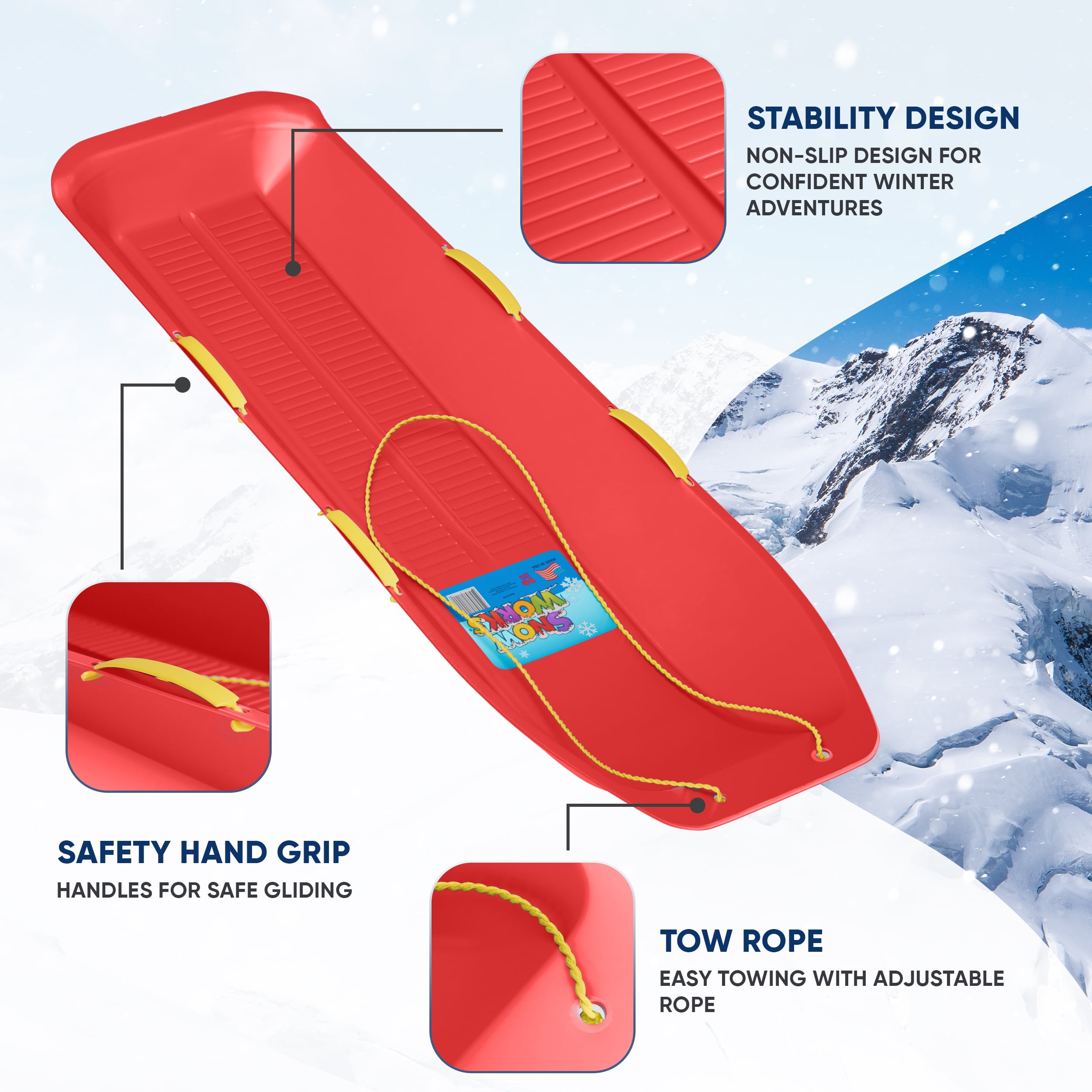 Snow Works LIFETIME 47.5" High-Density Toboggan Snow Sled for Kids and Adults (Red, 1 Pack)