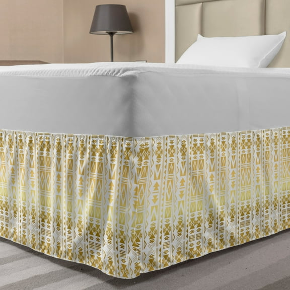 Ethnic Bed Skirt, Abstract Borders from Primitive Cultures with Ombre Effect, Elastic Bedskirt Dust Ruffle Wrap Around for Bedding Decor, 4 Sizes, Yellow and White, by Ambesonne