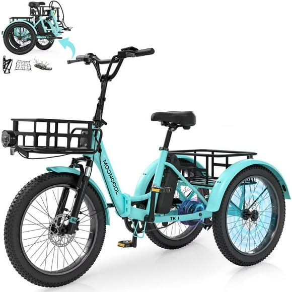 Lilypelle Folding Electric Tricycle for Adults & Seniors,three 20*3in Fat Tires Ebike with 750W Motor & 48v 14.5Ah Battery,Cyan