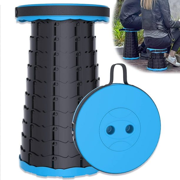 Taburete de camping plegable portátil de madera, telescópico hasta 200 kg, altura ajustable de 6,5 a 45 cm para cocinar en interiores, acampar, pescar, barbacoa (azul)