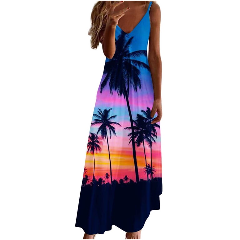 Ayolanni Hawaii Cute Dresses for Women Blue V-Neck Ankle-Length Sleeveless  Vacation Dresses Teen Girl Dresses XL - Walmart.com