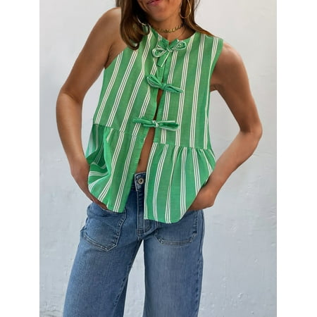 Tie Front Sleeveless Tank Top for Women 2024 Summer Ruffled Hem Stripe Lace Up Vest Open Front Babydoll Vest Tops Streetwear