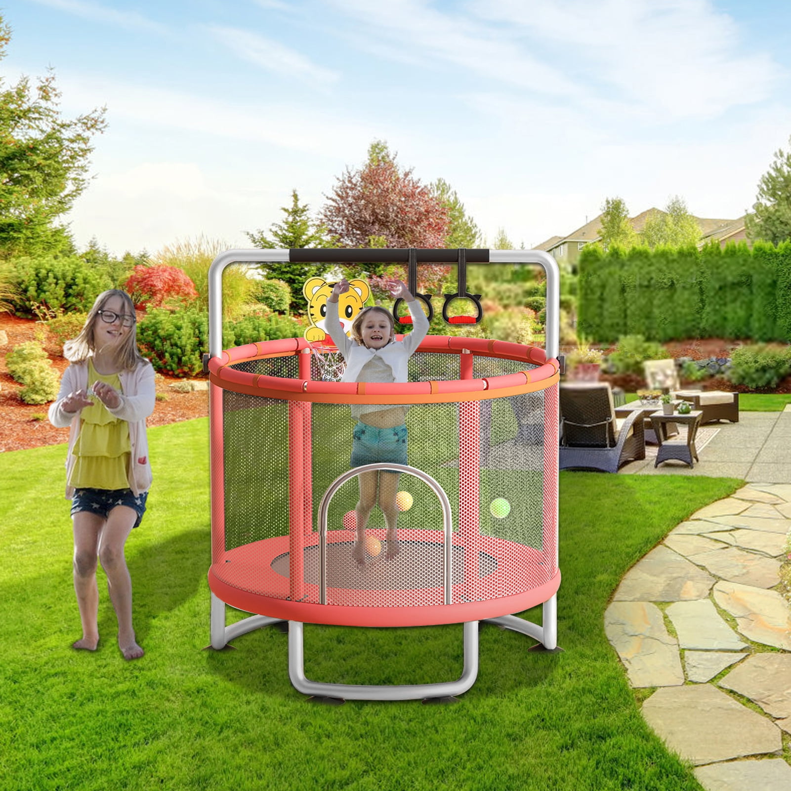 Lorelo Kids Trampoline, Adjustable Baby Toddler Trampoline with Basketball Hoop, Swing, Sandbag, Ocean Balls, 440lbs Indoor Outdoor Toddler Trampoline with Enclosure Net
