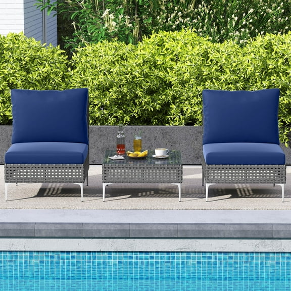 Costway 3 PCS Patio Furniture Set with Tempered Glass Coffee Table Soft Back & Seat Cushions Navy